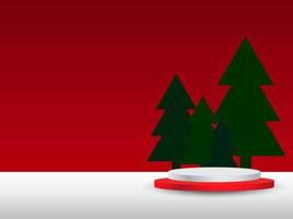 Abstract minimal stage layout. Geometric podium shape for cosmetic product display. stage pedestal or platform. Winter Christmas red background with Christmas tree xmas. 3D vector