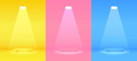 Set of yellow, dark blue, red realistic 3d floating cylinder podium with hanging neon lamps. Stage showcase, Product display. Vector rendering geometric forms. Abstract minimal scene.