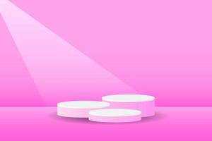 Abstract pink 3D room with set of realistic pink, white cylinder pedestal podium. Minimal scene for product display presentation. Geometric forms design. Round stage for showcase. Vector EPS10.