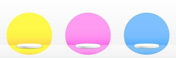 Set of white realistic 3d cylinder pedestal podium with pastel yellow, blue and pink in semi circle backdrop. Abstract vector rendering geometric platform. Product display presentation. Minimal scene