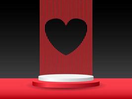 Realistic red and white 3D cylinder pedestal podium with window heart shape background. Valentine minimal scene for products showcase, Promotion display. Vector abstract studio room platform design