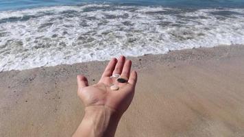 Hand with rocks on the beach with waves video