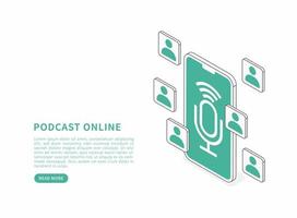 Podcast online concept. Podcast app on smartphone. Vector isometric illustration.