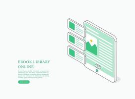 Ebook library online concept. Reading Books Online. Vector isometric illustration.