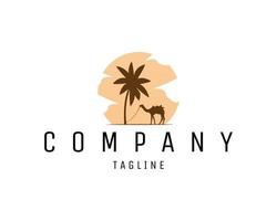 camel logo isolated silhouette white background showing from side with view of date palm trees. Best for badges, emblems, icons and for the animal industry. vector illustration available in eps 10.