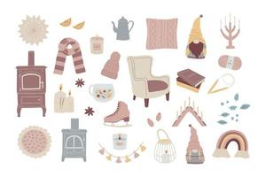 Collection of hand drawn autumn and winter hygge elements vector