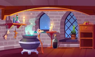 Magic room interior with cartoon witch stuff. vector