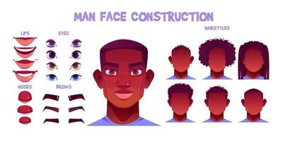 Black man face construction, avatar creation set vector