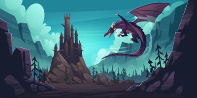 paisaje de montaña con castillo y dragón vector