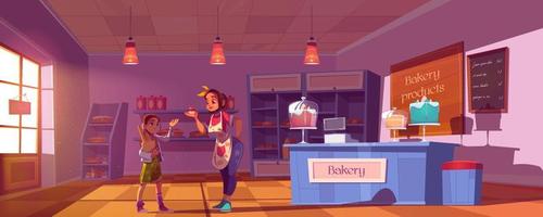 Girl buying products in bakery, confectionery shop vector