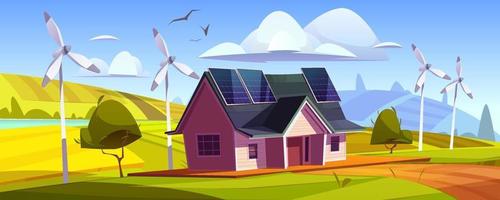 House with solar panels on roof and wind turbines vector
