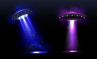 3d UFO, vector alien space ships with light beams