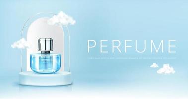 Perfume spray bottle on podium with clouds banner