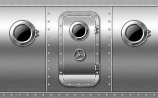 Metal door on wall with portholes and rivets. vector