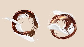 Coffee and milk splashes, chocolate and dairy mix vector