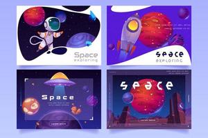 Space exploring posters with rocket and astronaut vector