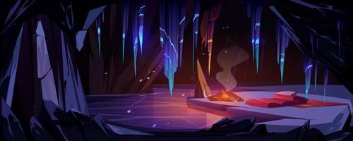 Ice cave in mountain with campfire, sleeping bag, vector