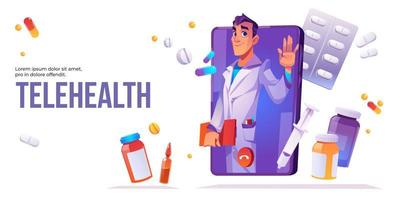 banner de dibujos animados de medicina en línea a distancia de telesalud vector