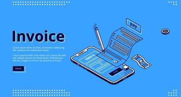 Invoice isometric landing page, tax payment bill vector