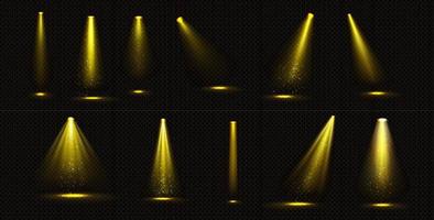 Stage lights, yellow beams with gold sparkles set vector