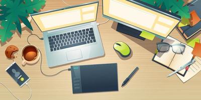 Top view of designer workspace with graphic tablet vector