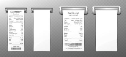 Cash receipt out of sloth, paper bill, invoice set vector