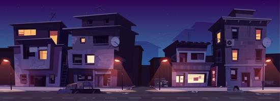 Ghetto street at night, slum abandoned houses vector