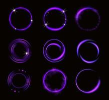 Glowing purple circles with sparkles, round frames vector