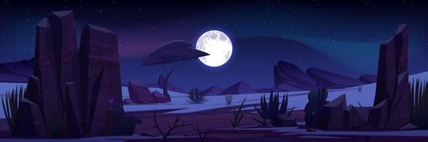 Desert landscape with rocks and cactuses at night vector