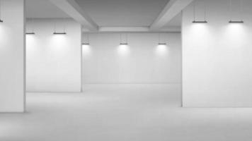 Art gallery empty room with white walls and lamps