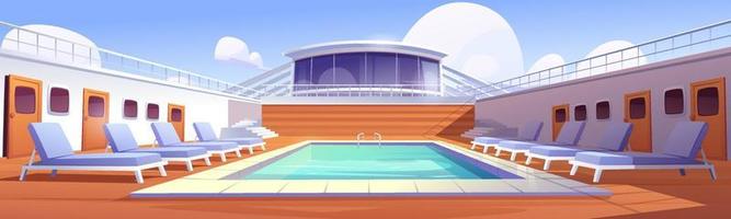 Swimming pool and beach chairs on cruise ship deck vector