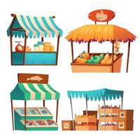 Food market wooden stalls with farm produce vector