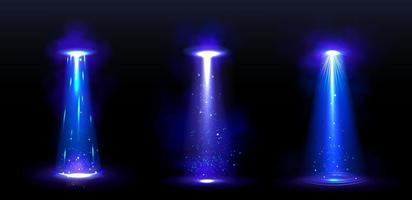 Ufo light beams, blue rays from alien spaceship vector