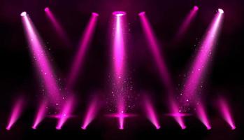 Stage lights, pink spotlight beams with sparkles vector