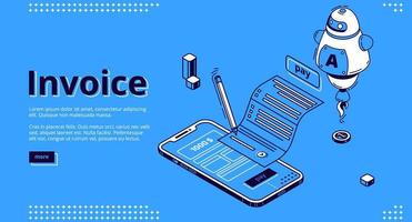 Invoice isometric landing page, tax payment bill vector