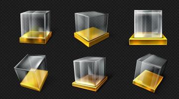 cubo de vidrio de plástico sobre base de oro vista de varios ángulos vector