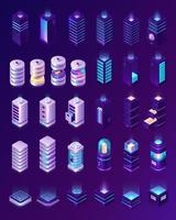 Isometric data center, server room equipment set vector