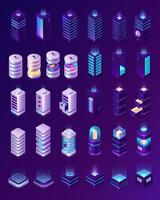 Isometric data center, server room equipment set vector