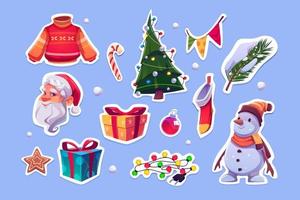 Christmas stickers with Santa Claus and pine tree vector