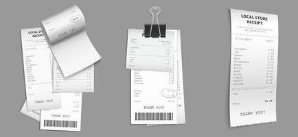 conjunto de recibos de lúpulo, cheques en efectivo en papel con clip vector