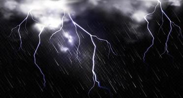 Rain with lightning and clouds in sky at night vector