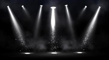 Stage illuminated by spotlights with smoke vector