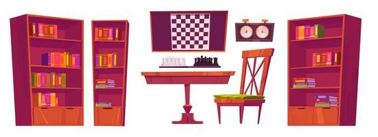 Mobiliario de club de ajedrez con tablero, piezas y reloj. vector