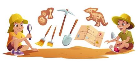 Kids playing in archaeologists working excavations vector