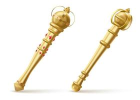 Golden scepter for king or queen, royal wand. vector