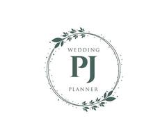 colección de logotipos de monogramas de boda con letras iniciales pj, plantillas florales y minimalistas modernas dibujadas a mano para tarjetas de invitación, guardar la fecha, identidad elegante para restaurante, boutique, café en vector