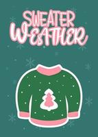 Ugly sweater Christmas party. Holiday vibe. Cozy winter. Snowflakes on blue background. Sweater weather. Hand-drawn lettering quotes. Good for greeting card and t-shirt prints, flyers, poster designs. vector