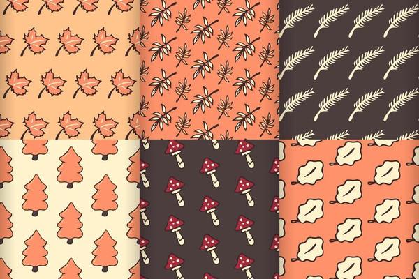 Collection of hand drawn autumn patterns with doodle leaves. doodle vector patterns for decoration and prints. Vector illustration