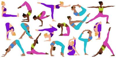 conjunto de mujeres jóvenes haciendo ejercicios de yoga y fitness. estilo de vida saludable. Varias posiciones de yoga. aislado sobre fondo blanco. vector