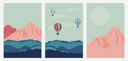 Set of Posters with Mountains, balloons, hills, clouds and Moon. Trendy Vector illustrations. Cool Backgrounds. Templates for any use.